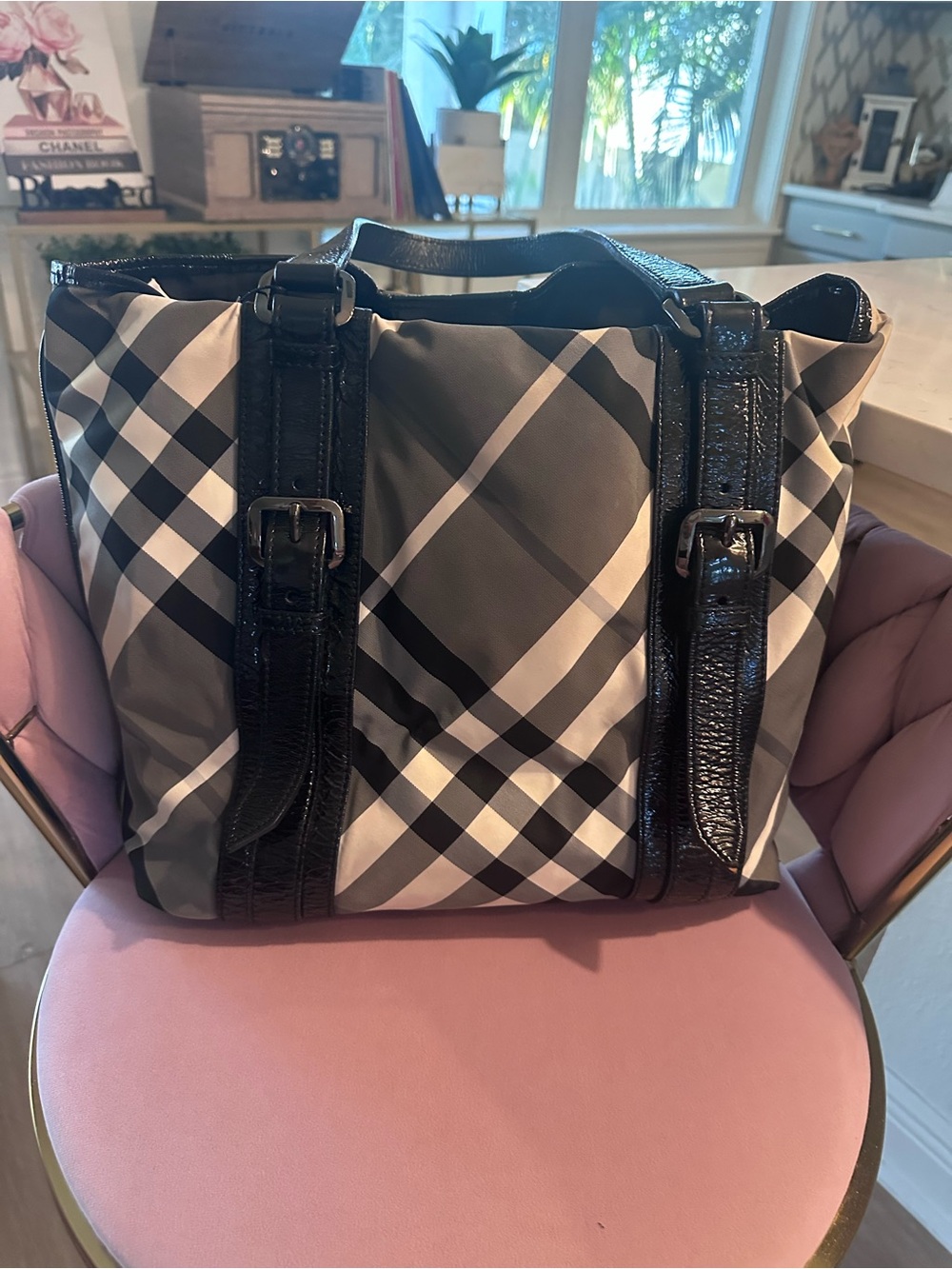 Burberry Black, Gray and White Plaid Tote with Black Leather Trim